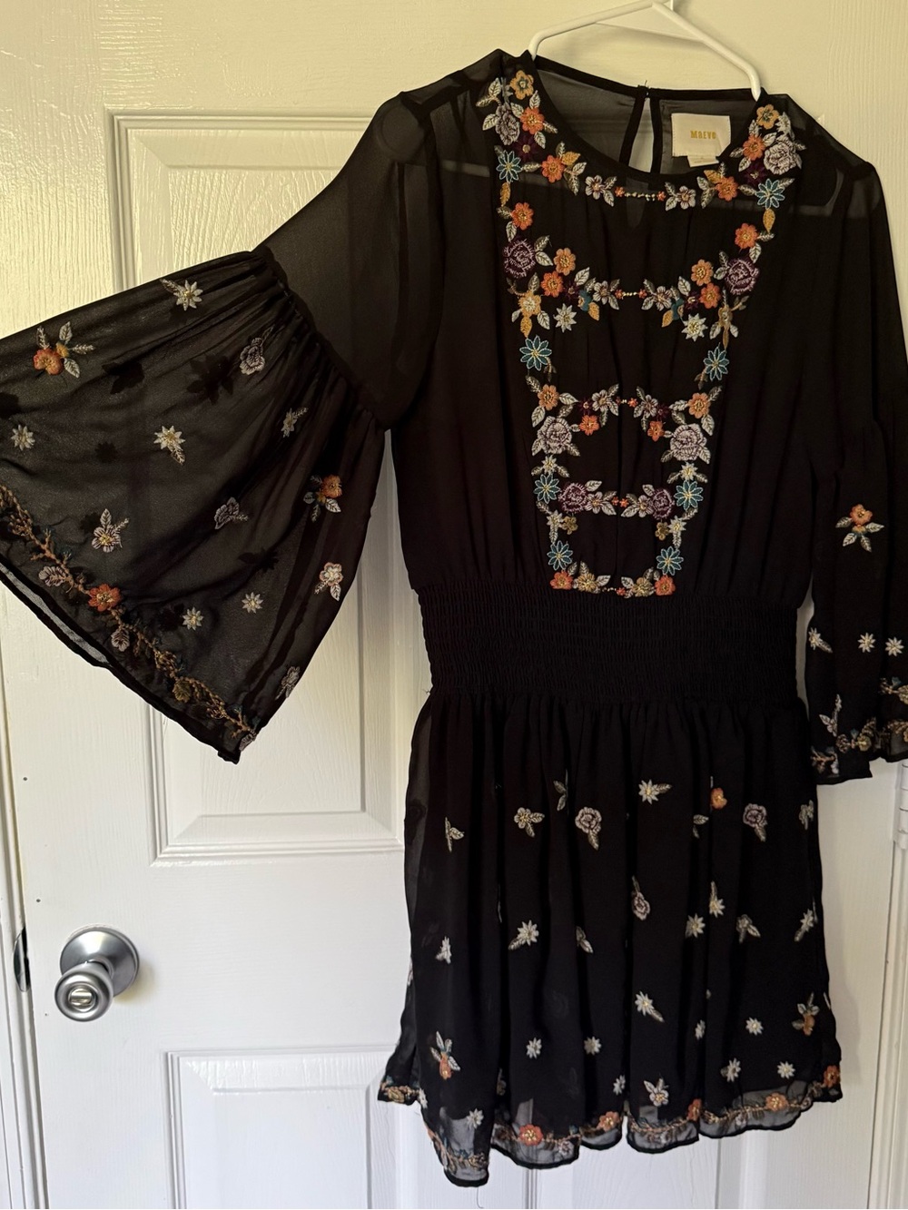 Maeve by Anthropologie Black Floral Embroidered Bell-Sleeve Mini Dress